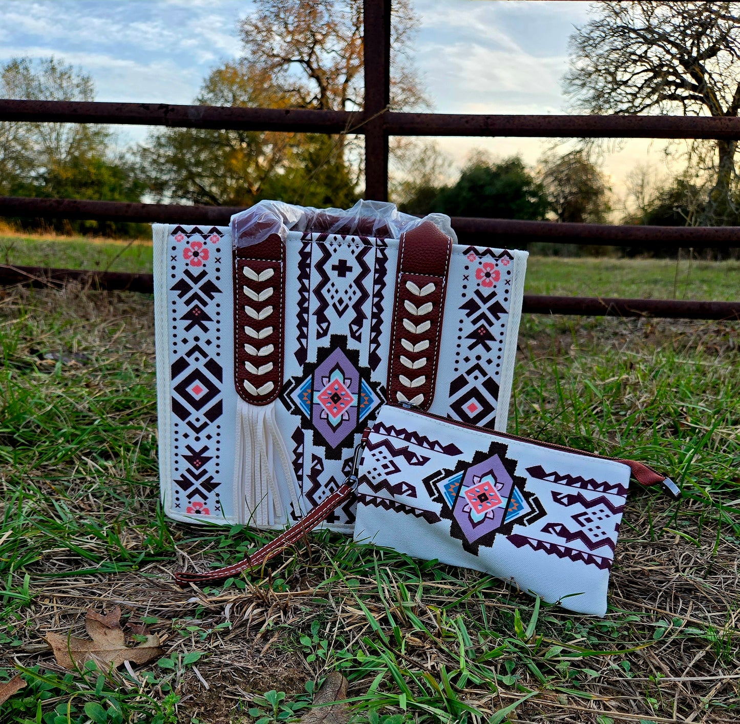 Western pattern purse and wristlet