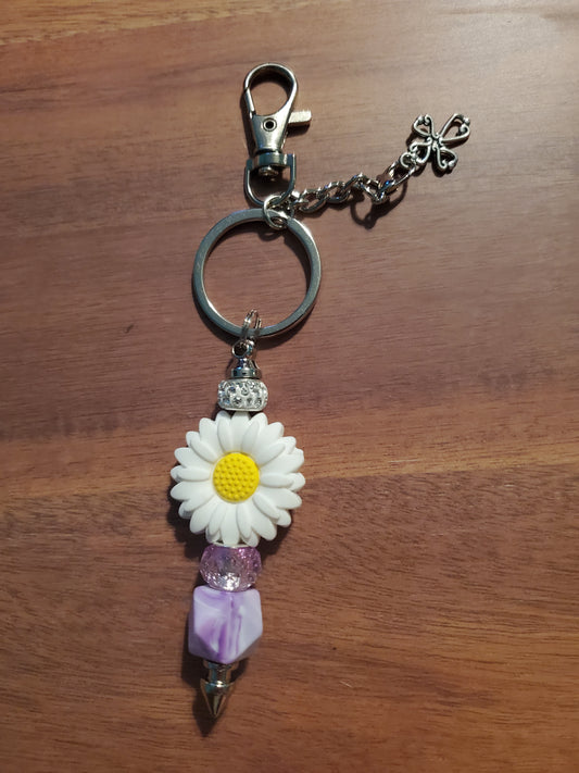 White sunflower beaded keychain