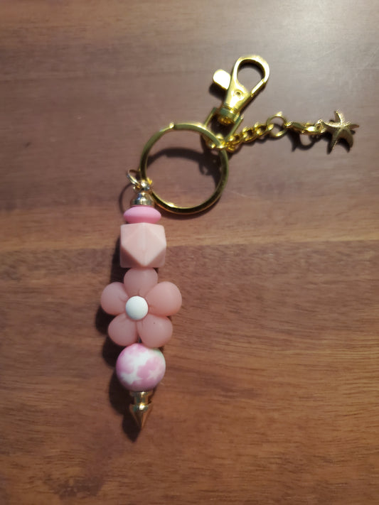 Pink flower beaded keychain